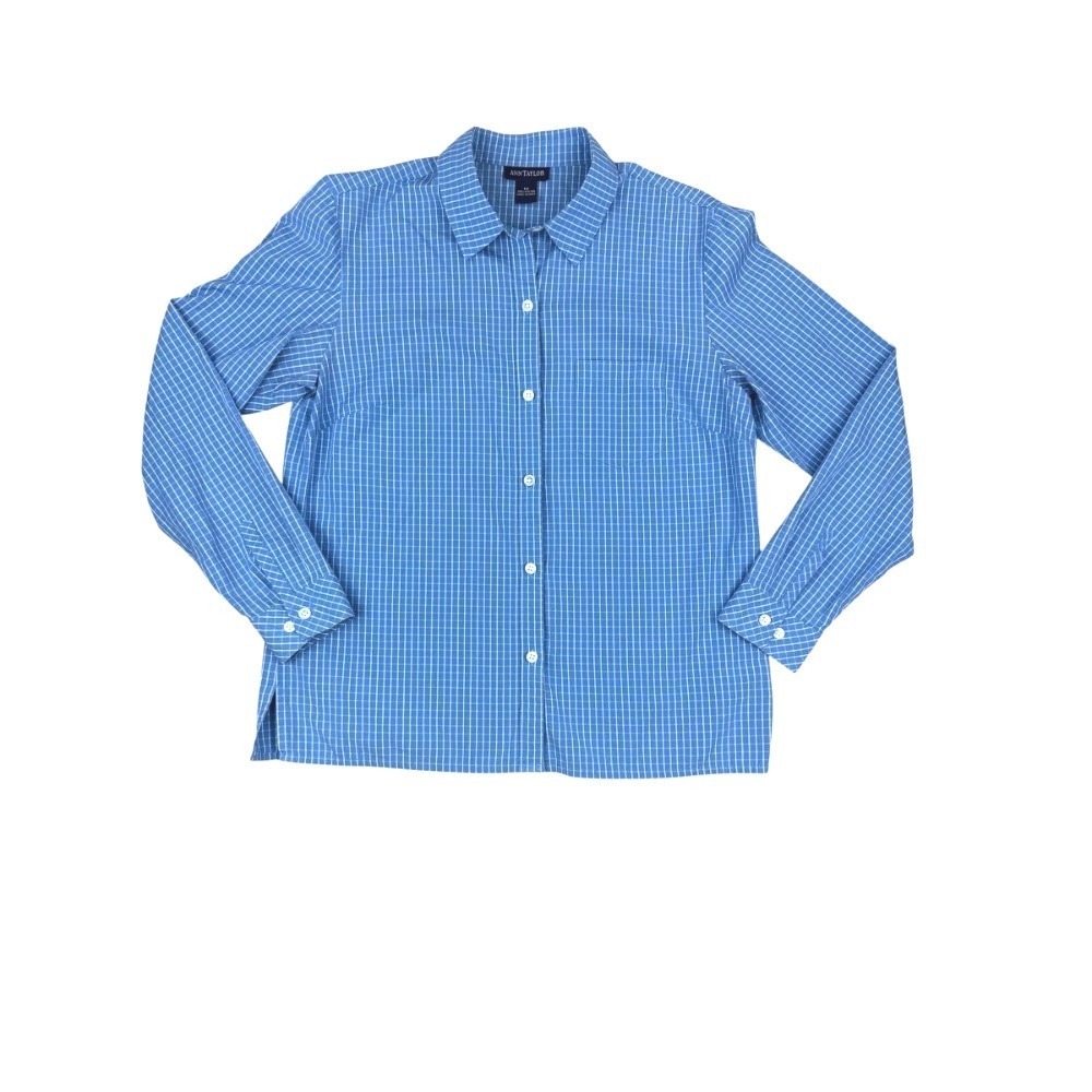 Ann Taylor Women's Size Medium Blue White Gingham Check Button Down Cotton Shirt